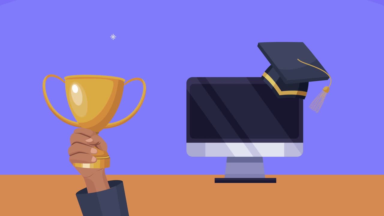 desktop with hat and trophy online graduation