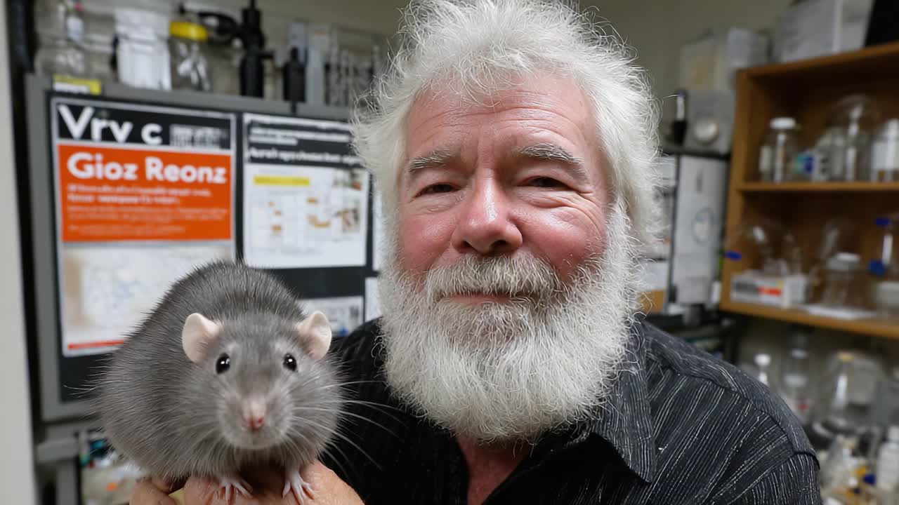 A dedicated researcher smiles joyfully, holding a gray rat in a laboratory setting, showcasing the bond between humans and animals in scientific study