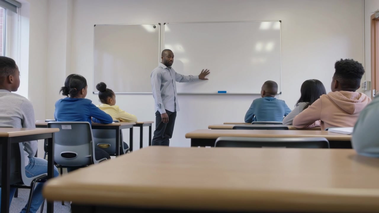 Un insegnante in camicia grigia mette la mano sulla lavagna bianca, attirando l'attenzione e insegnando davanti alla classe.