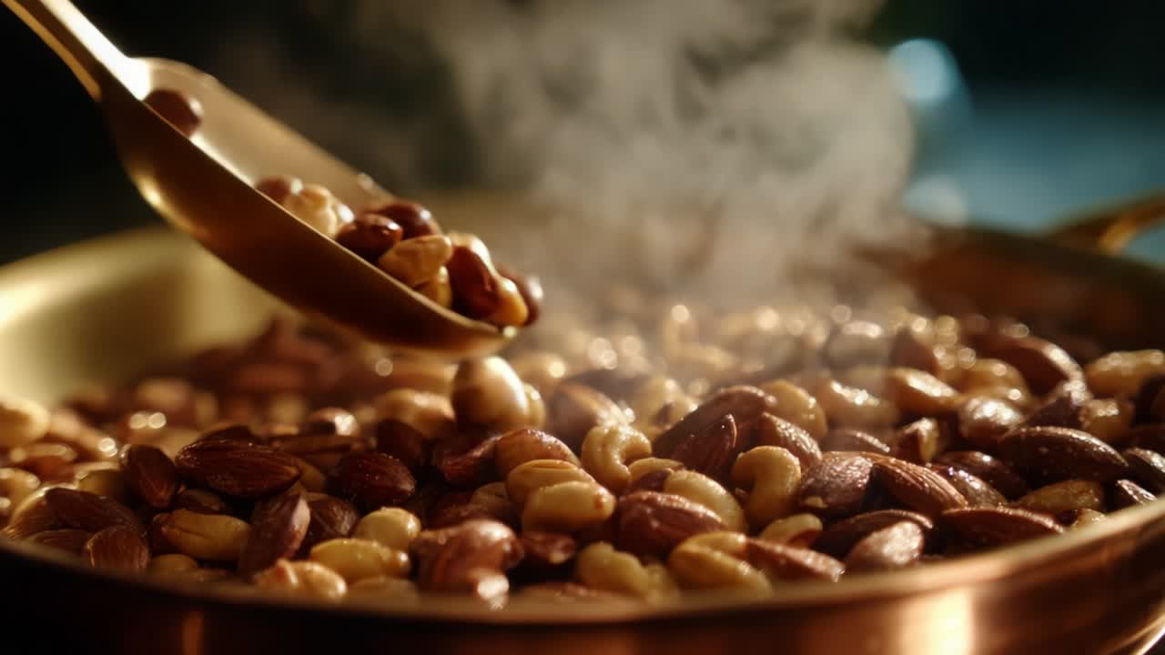Deliciously Toasting Mixed Nuts with a Rich Aroma Rising from the Pan, Capturing the Golden Brown Color and Perfect Texture of Almonds and Other Varieties, Making for a Tempting Snack Experience