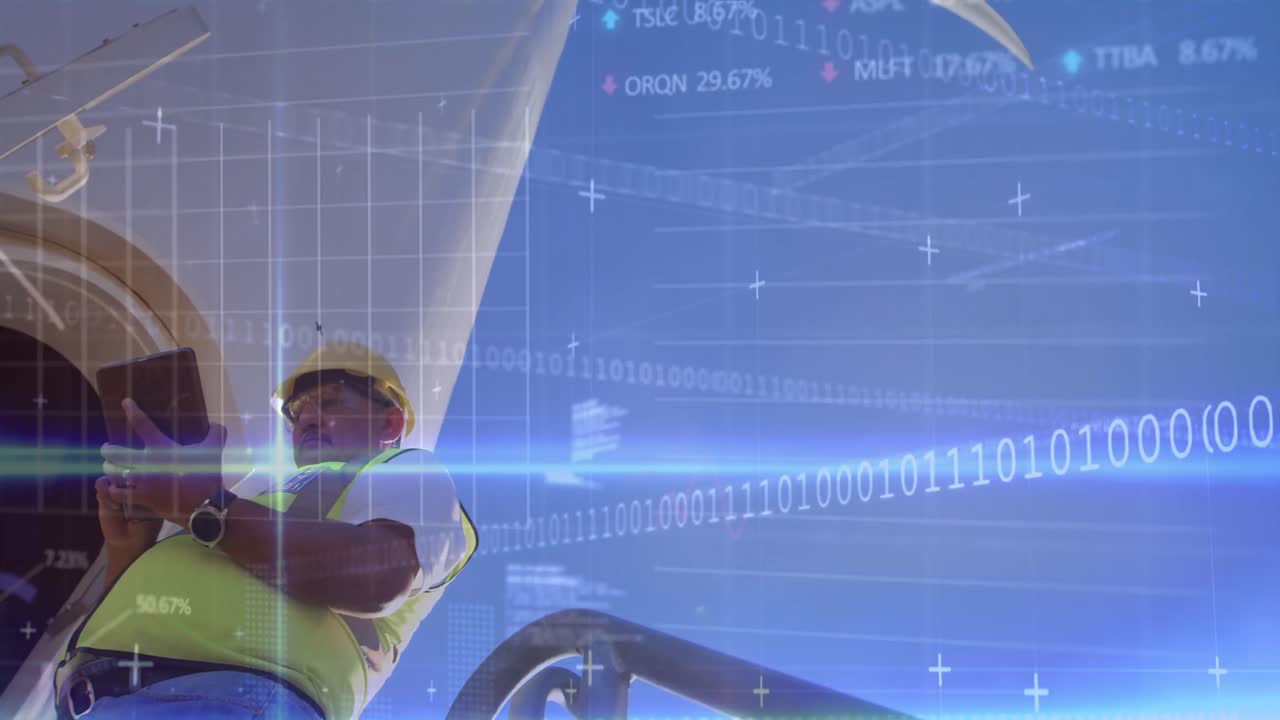 animazione dell'elaborazione dei dati su un uomo biraciale con tablet e turbina eolica