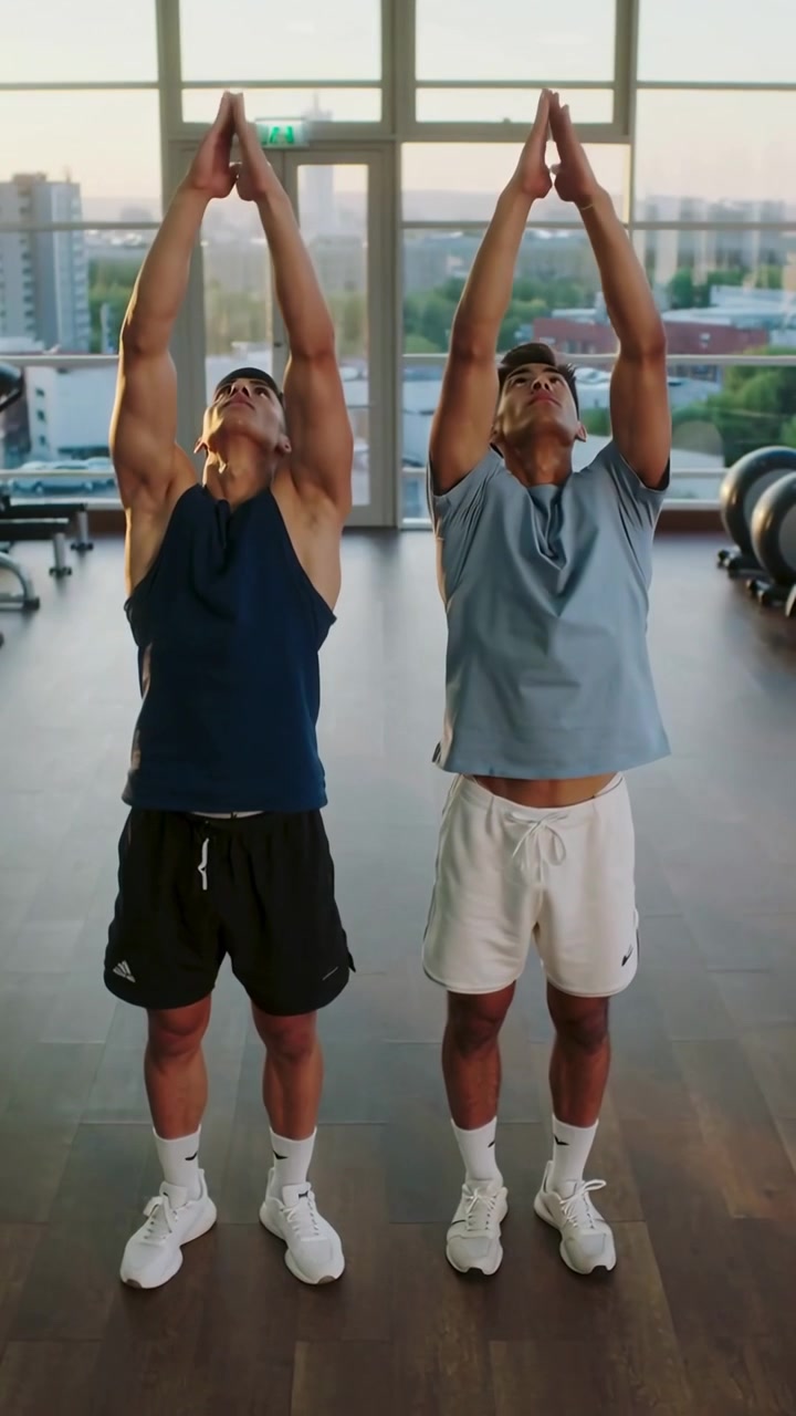 Vertical video: Hearing cue two men in workout gear at gym warming up with arm raises by windows