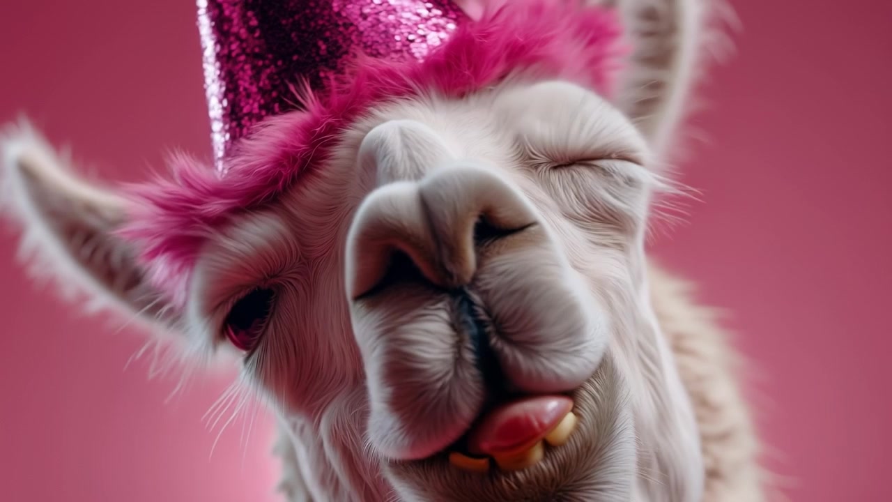 Simpatico lama bianco che indossa un cappello da festa rosa e guarda la fotocamera su uno sfondo rosa.
