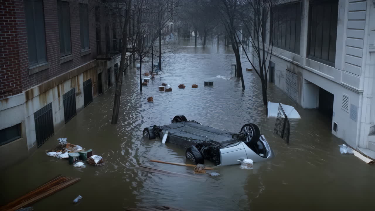 Flooded City Street with Submerged Car