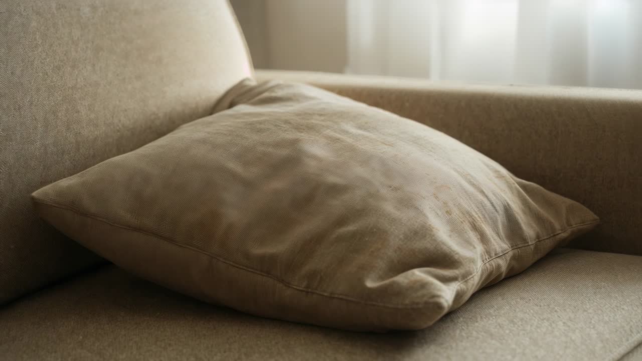 Un cuscino decorativo beige che si adagia e si liscia sul sedile del divano accanto a tende trasparenti, con la brezza che muove il tessuto.
