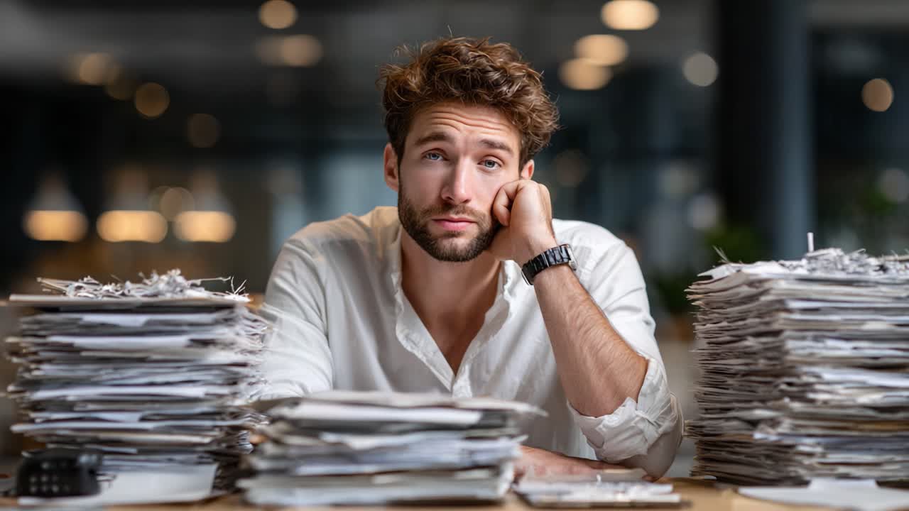 A Frustrated Young Man Sits at a Desk Surrounded by Piles of Paperwork, Expressing Exhaustion and Overwhelm in a Busy Office Environment