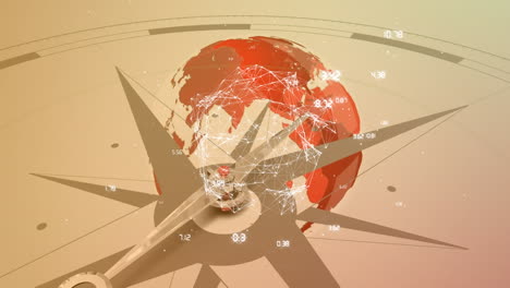 animation of connected dots in rotating globe and changing numbers over magnetic compass