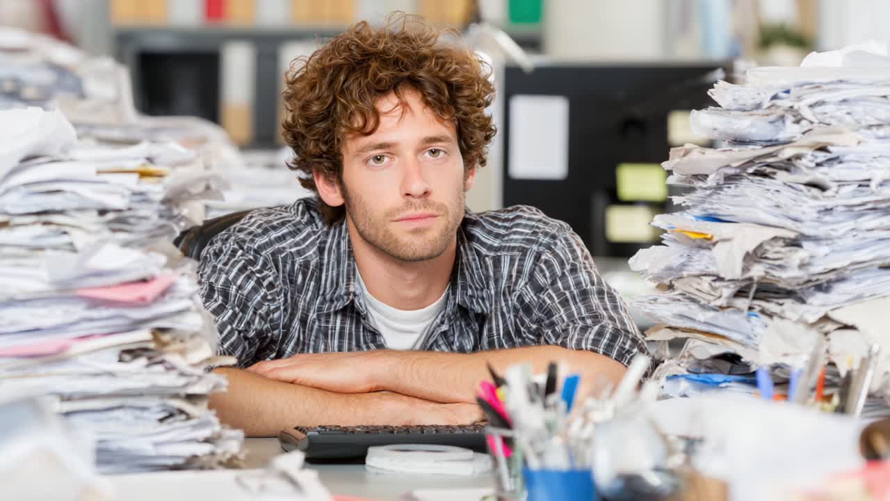 A Young Man Sitting at a Messy Desk Surrounded by Piles of Paperwork and Office Supplies, Reflecting Stress and Overwhelm in a Disorganized Workspace