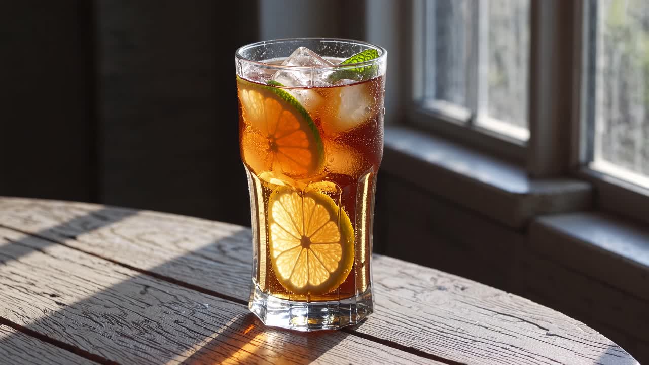 Video ravvicinato di un tè freddo rinfrescante con fette di limone e lime, catturato in luce naturale