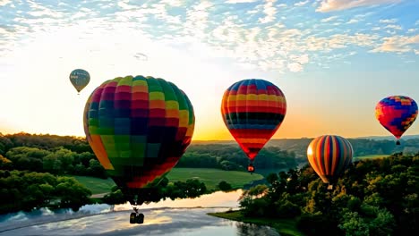 a group of hot air balloons flying over a river at sunset