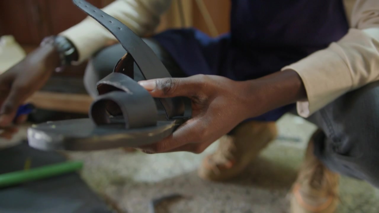 Making African Leather Sandals - Attaching and Cutting Soles 5