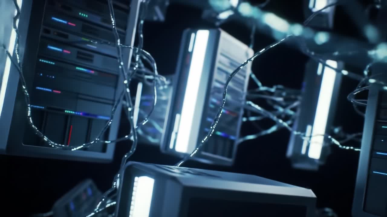 Explore a state-of-the-art data center featuring multiple servers illuminated by LED lights.