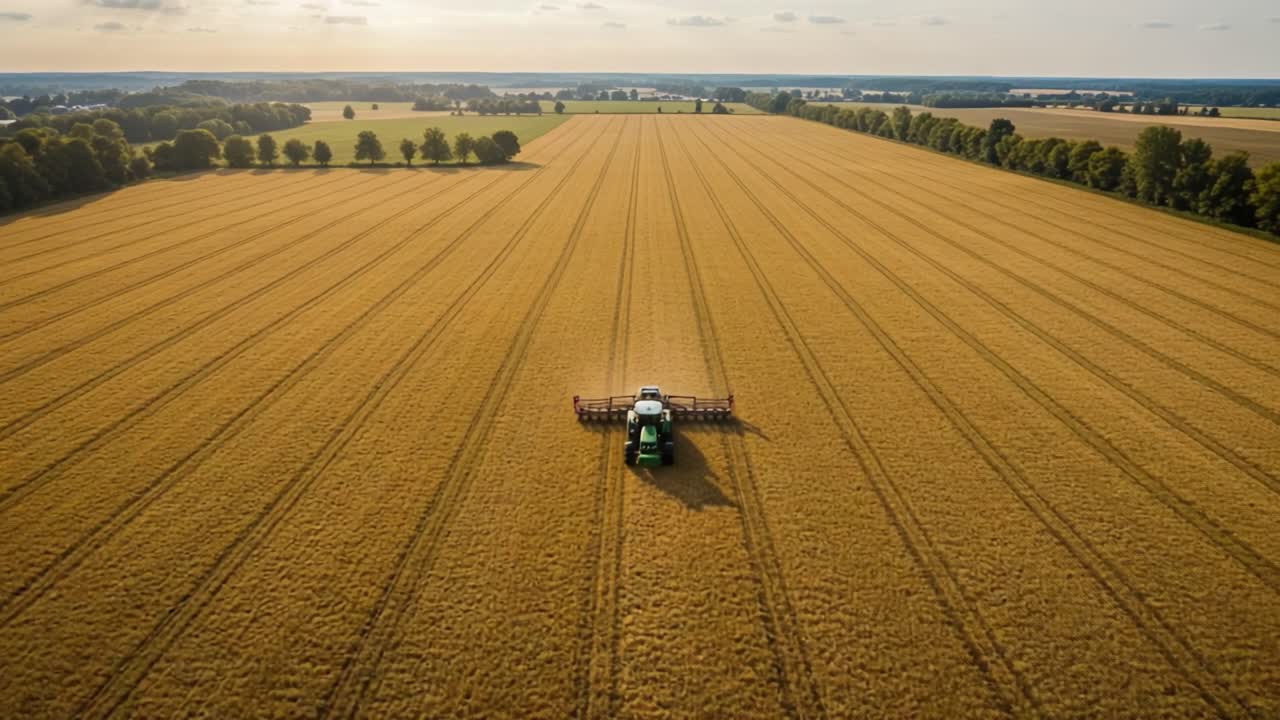 Vista aerea dell'agricoltura in azione: un trattore verde che prepara campi di grano dorato per la raccolta sotto un bellissimo cielo soleggiato