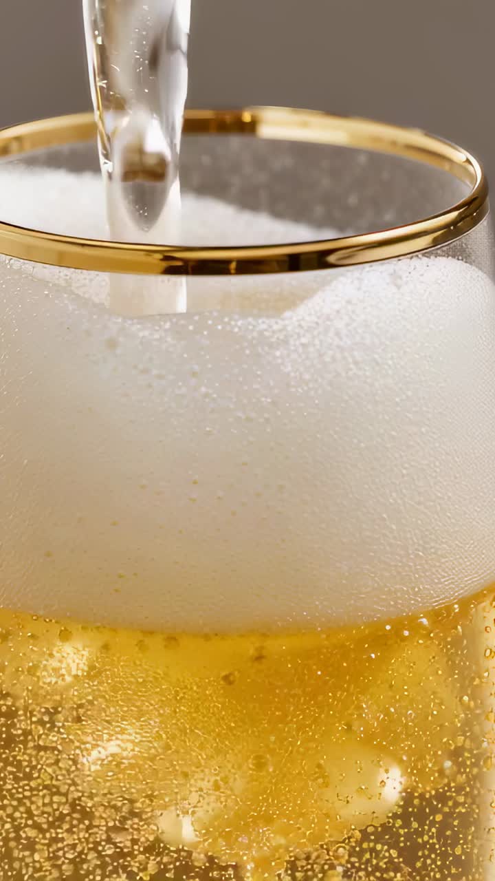 Vertical video: Descending steel nozzle making tiny bubbles in studio, forming foam, gold rim glass