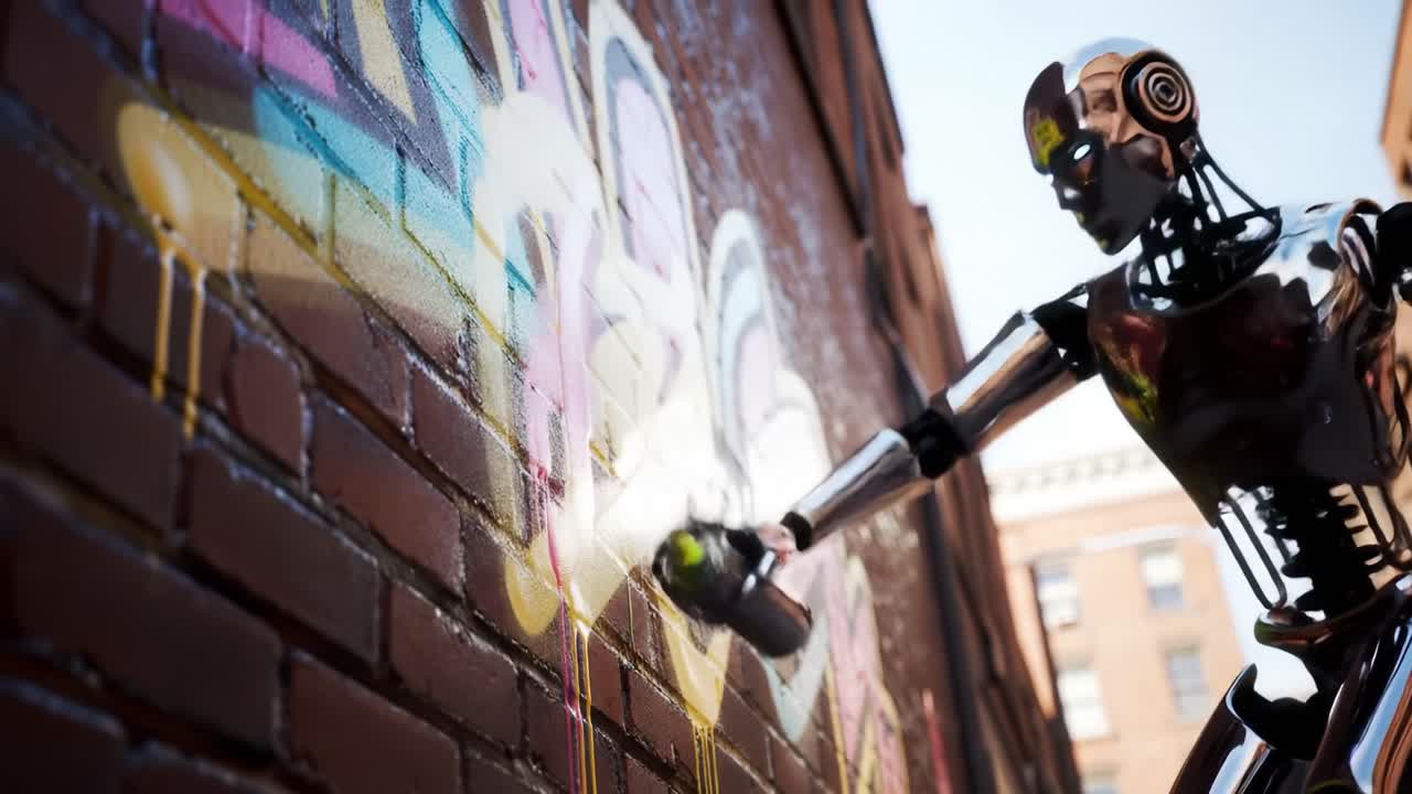 In an urban setting, a robotic figure skillfully sprays colorful graffiti on a brick wall under clear skies. The art blends technology with street culture in a unique display.