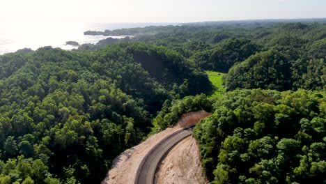 Kurvenreiche-Straße-Im-Bau-Im-Küstendschungel-Indonesiens,-Luftaufnahme