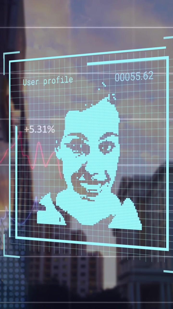 Animation of financial data and user photos over cityscape