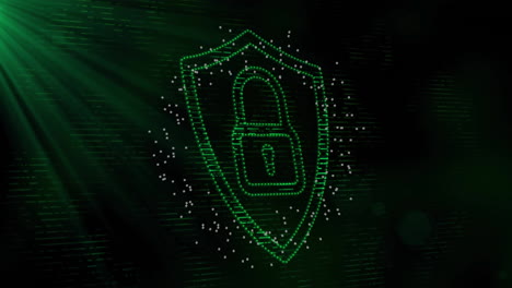 green padlock and shield, cybersecurity animation over dark digital background