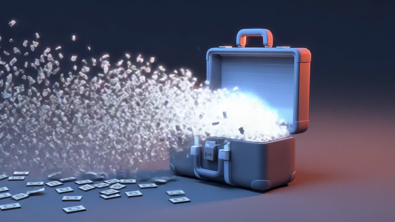 An explosion of wealth and opportunity as a briefcase bursts open, scattering money and light particles in a dazzling display of financial potential and excitement