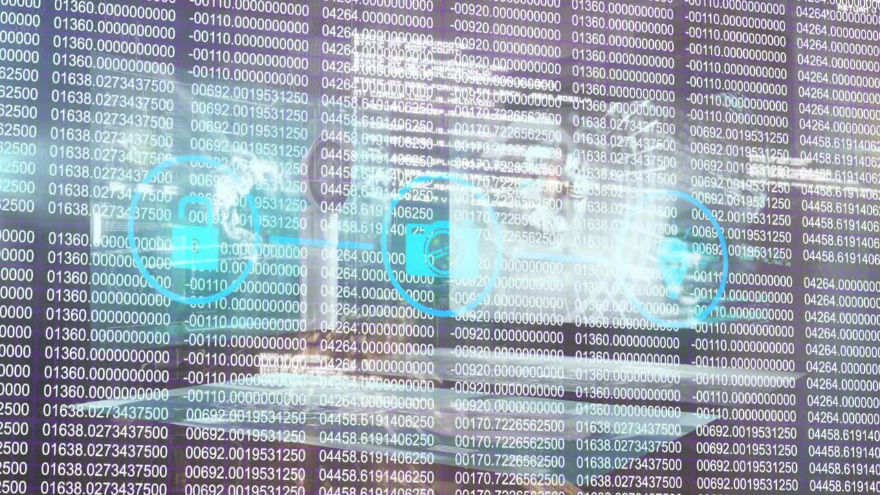 animación de iconos tecnológicos sobre cámaras de seguridad y números