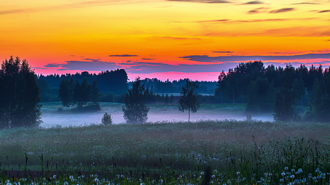 5k time lapse shot de niebla mística volando sobre el campo de hierba durante el día frío - iluminación del cielo colorido durante la hora de la puesta de sol en el fondo