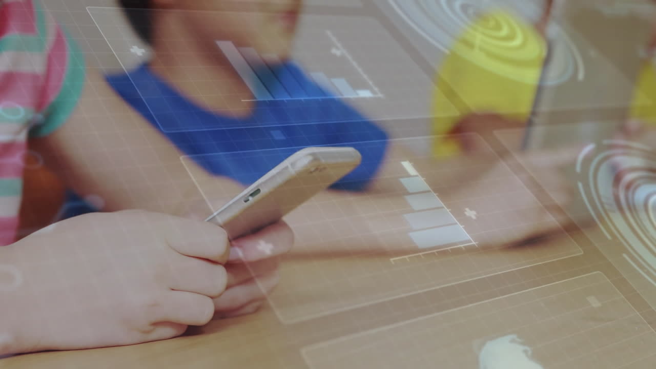 Three students using phones and tablets in classroom, displaying holographic charts and grids