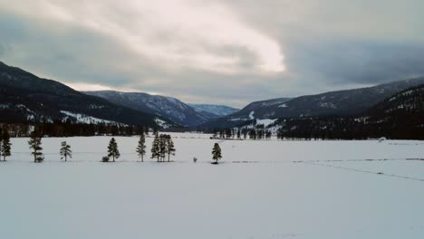 Belleza-Invernal:-Campos-Nevados-Y-Montañas-Boscosas-Durante-Un-Chaparrón-Cerca-De-Westwold-En-La-Región-De-Thompson-nicola:-Amplia-Toma-Aérea