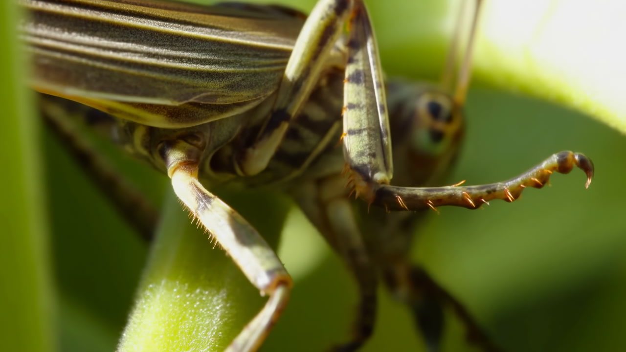 Macro Closeup Grasshopper On Green Stem, Striped Exoskeleton And Antennae In Sharp Focus, Gripping Leg