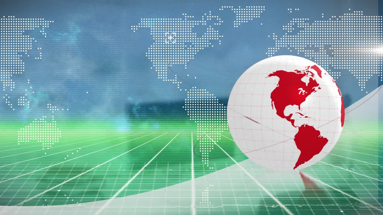 지구, 세계 지도 및 디지털 공간의 애니메이션 오픈 스페이스 오피스