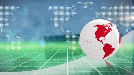 animation of globe, world map and digital space over open space office
