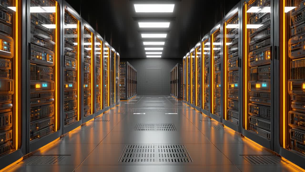High-Tech Datacenter Corridor Featuring Rows of Advanced Server Racks with Illuminated Panels and Efficient Cooling Systems, Representing Modern Data Storage Solutions