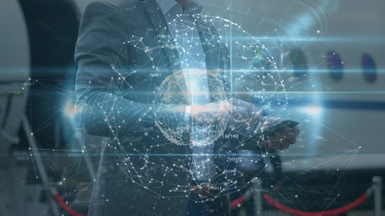 Animation of network of connections over businessmen using smartphone at the airport