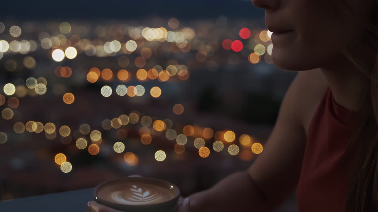 Woman drinking coffee with city lights at night