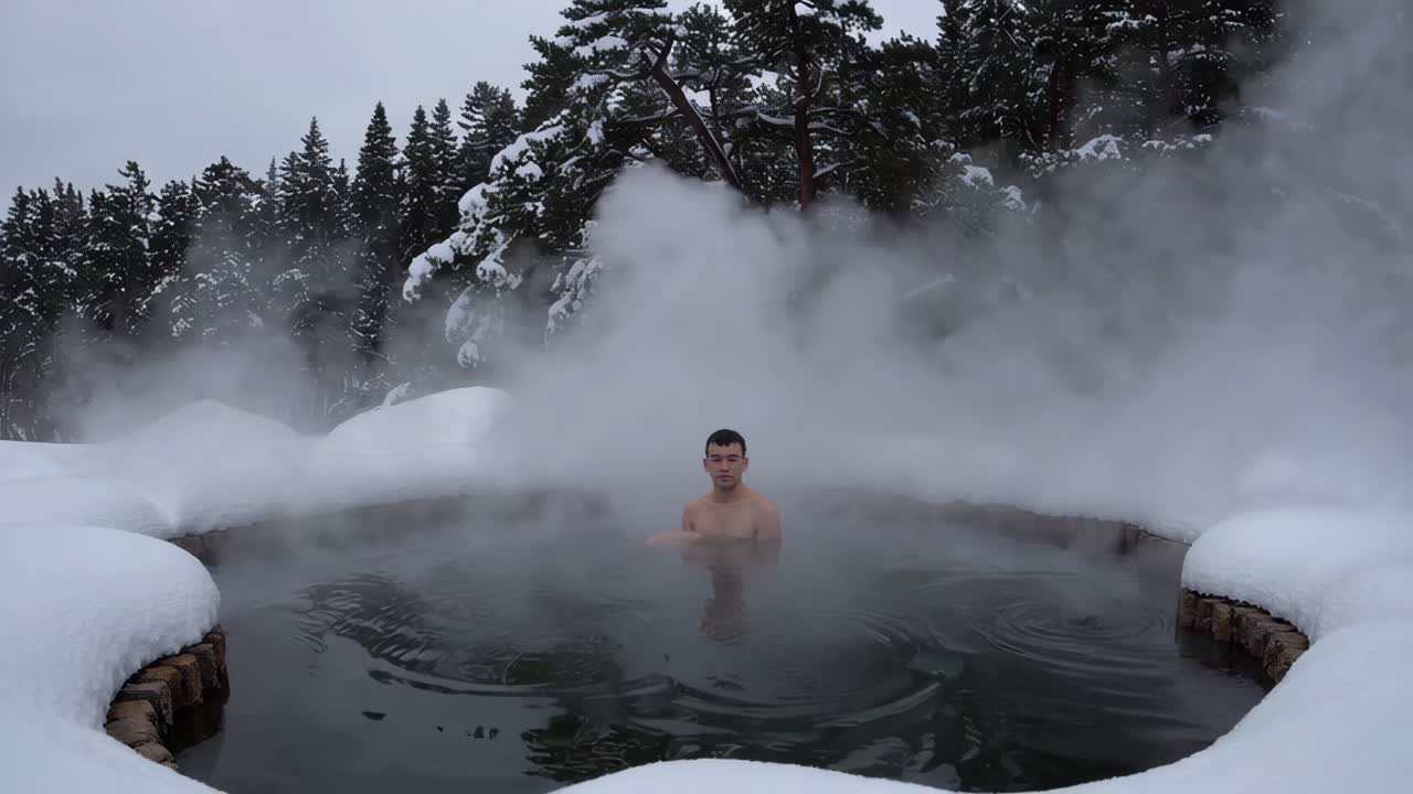 Man Enjoying a Steaming Hot Spring in a Snowy Winter Landscape