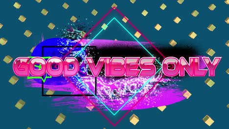 Animation-of-digital-good-vibes-only-text-with-square-shapes-and-banner-against-rotating-cubes