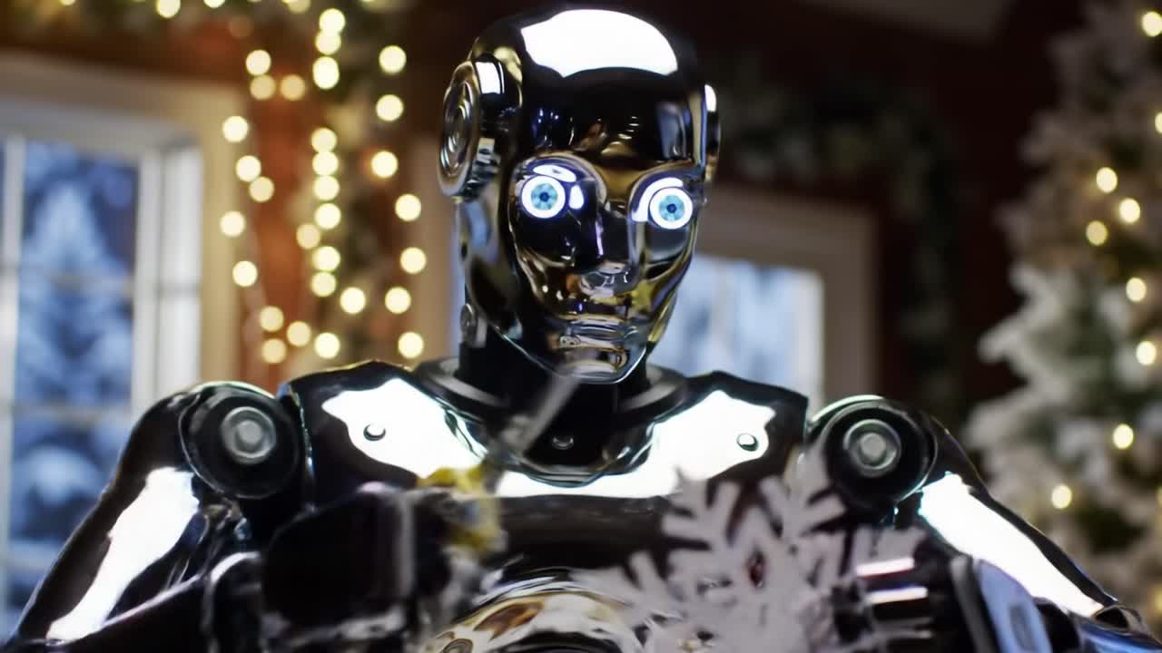 A shiny robot showcases a snowflake decoration as holiday lights twinkle in the background. The setting is warm and festive, creating a joyful atmosphere as the celebration approaches.