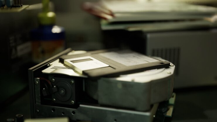 Vintage technology stored quietly in a forgotten lab during evening light