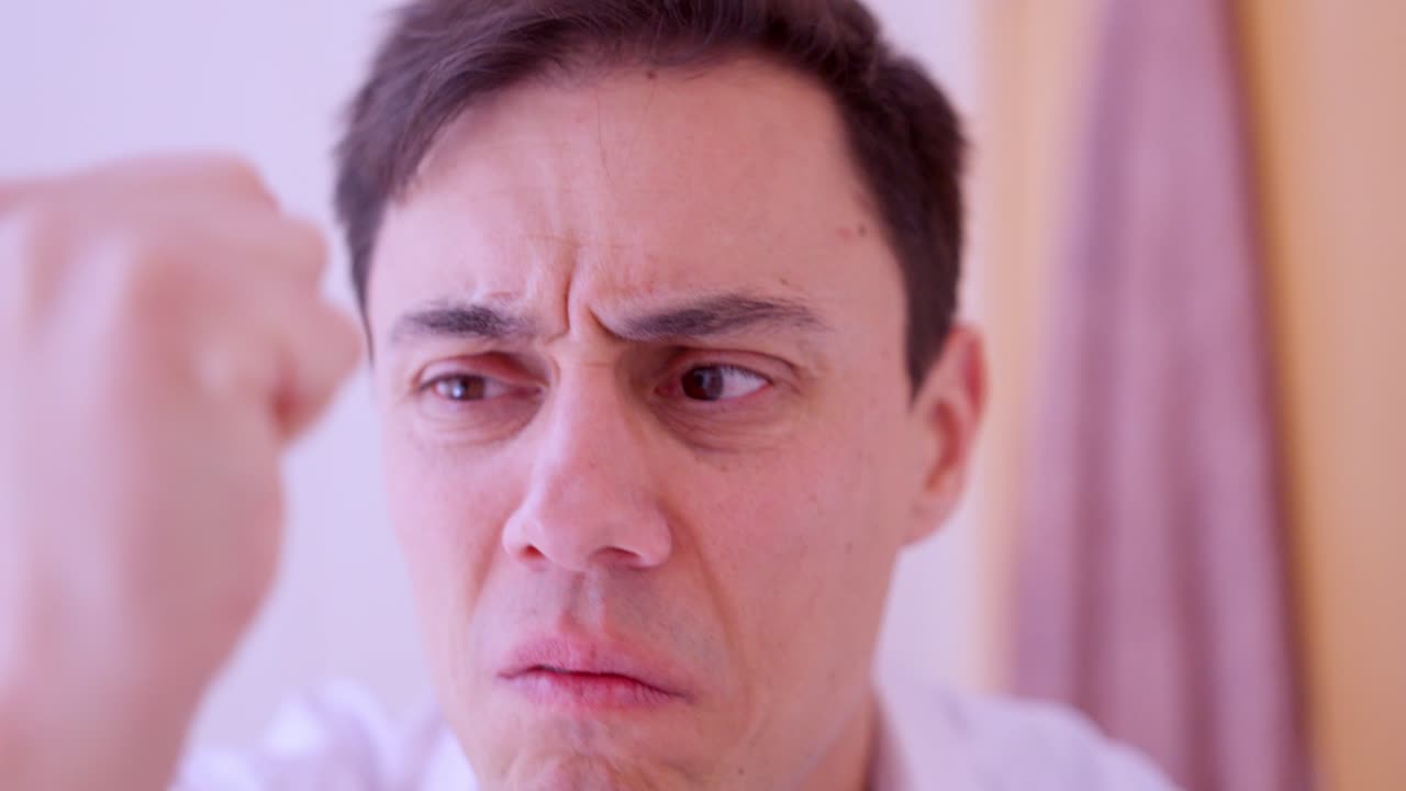 Worried man examining hair loss in mirror