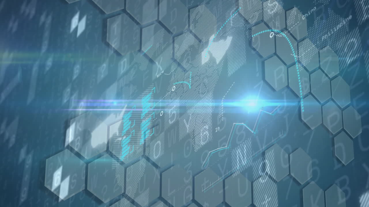 Digital data and graphs in futuristic blue tones with hexagonal patterns animation