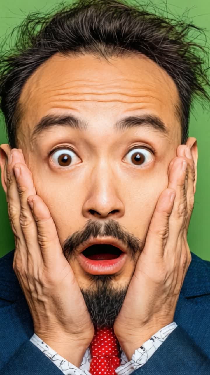 Un uomo sbalordito esprime shock e sorpresa con sguardo sbalordito e bocca aperta, tenendosi il viso per l'incredulità contro uno sfondo verde.