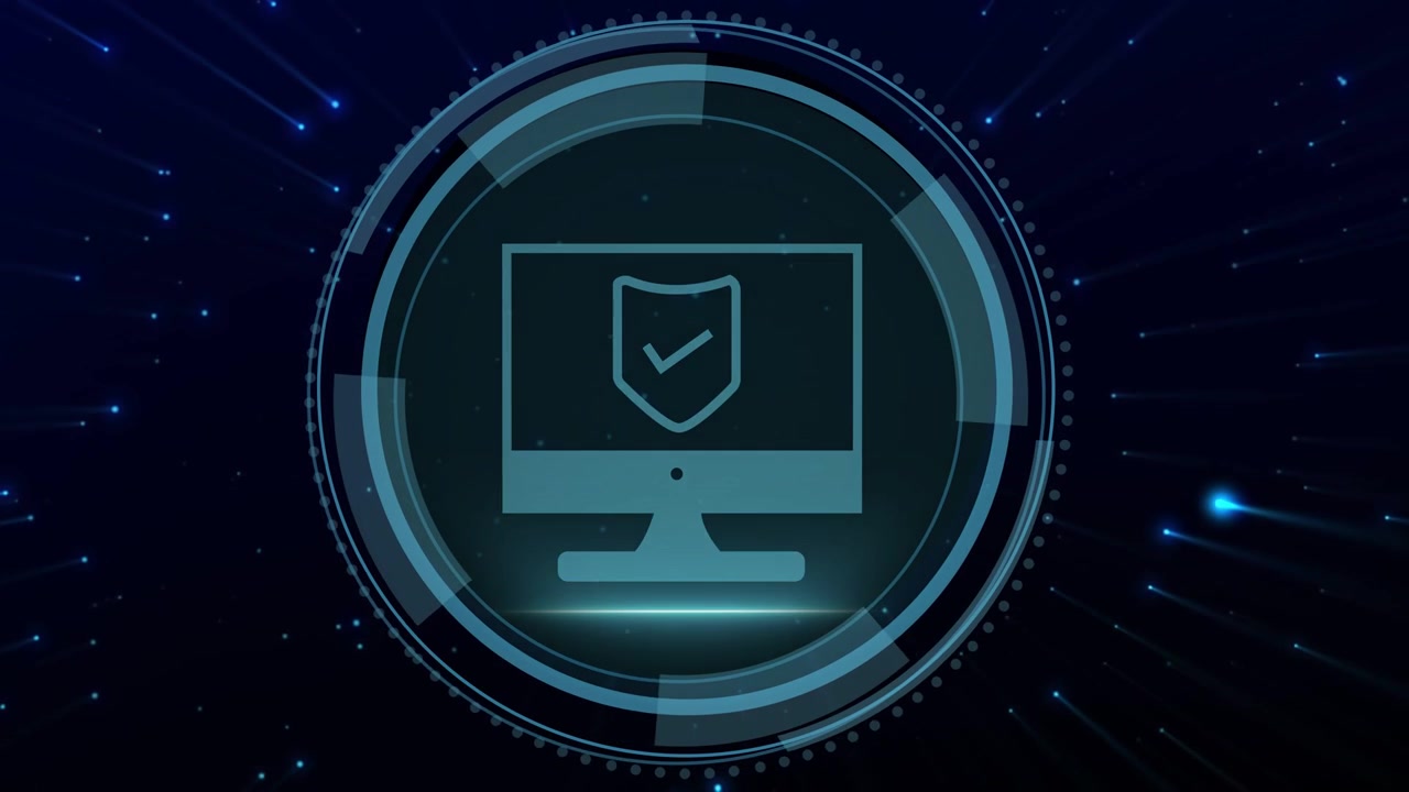 Cybersecurity title fading, HUD forming, monitor shield forming, scan sweeping, showing protection