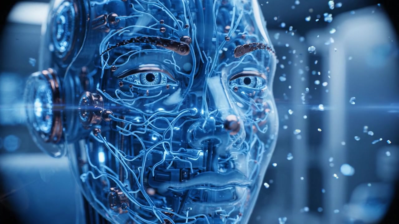 Un Volto Robotico Futuristico con Materiali Trasparenti che Mostrano Circuiti Intricati e Componenti Meccanici, Evidenziando Tecnologia e Design Avanzati.