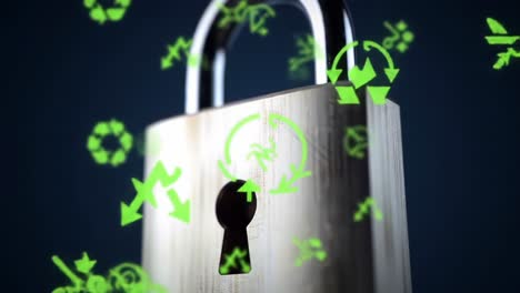 a creative visual representation of a lock, embellished with green symbols of sustainability and protection, surrounds the concept of security in a modern context
