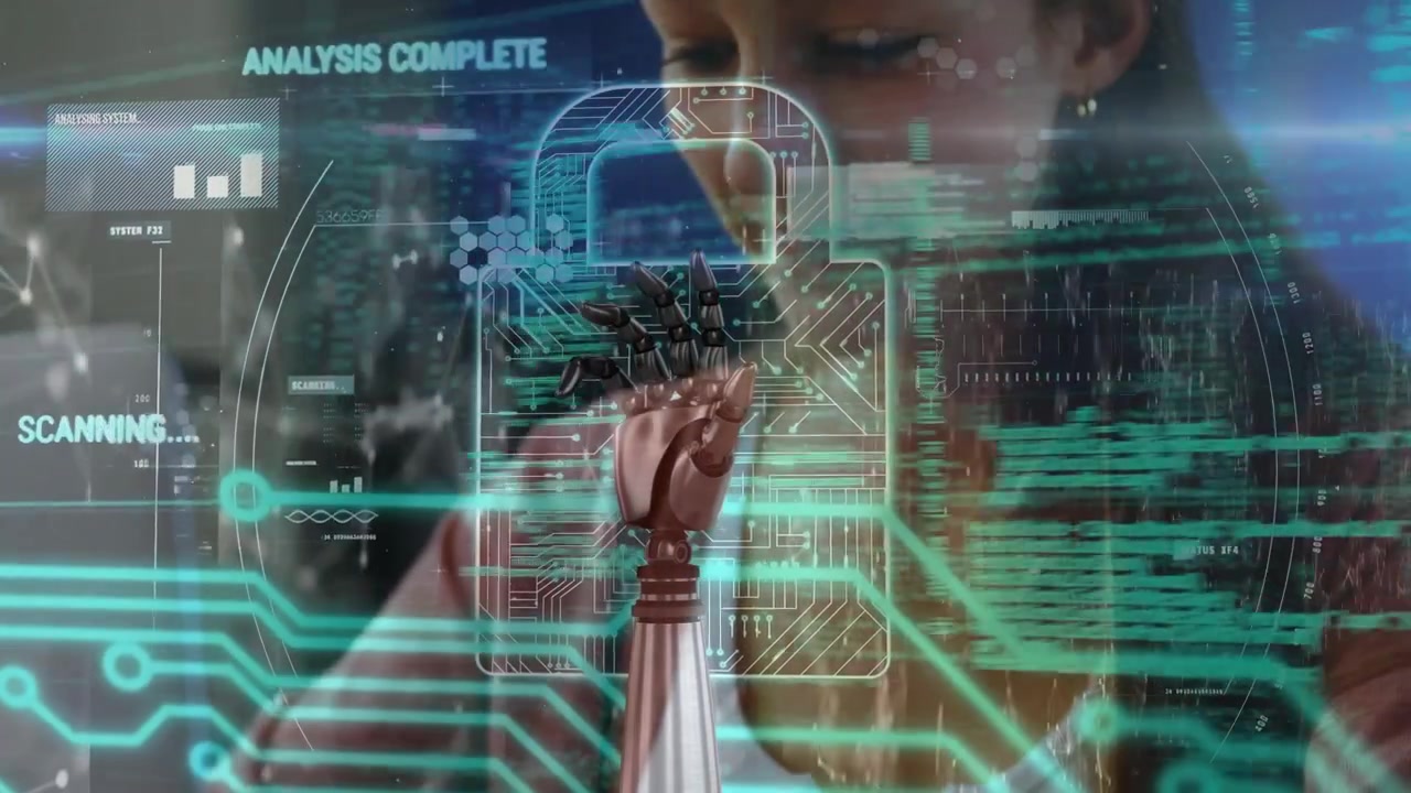 Animation af databehandling med hængelåsikon og robothånd over studerende.