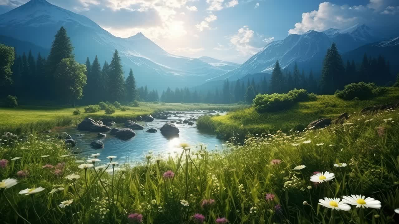 A serene landscape video showcasing a lush valley with a flowing river, wildflowers, and mountains