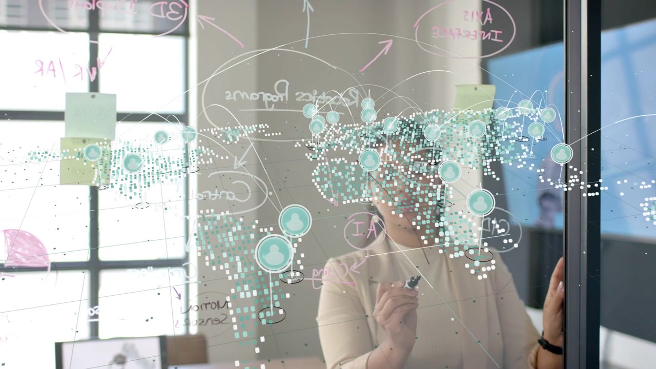 Woman reaching with marker and mapping nodes on glass, engaging turquoise overlay for strategy