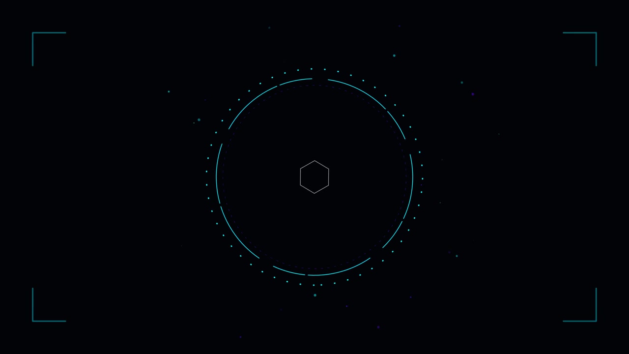 Futuristic Digital HUD Interface with Rotating Hexagon and Particles