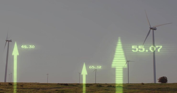 All'inizio, una freccia verde emerge vicino a una turbina, poi svanisce mentre le frecce si trasformano visualizzando la produzione di energia.