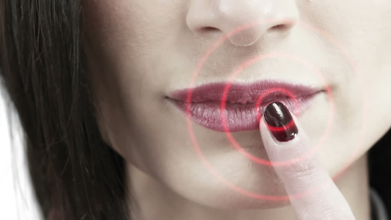 입술 을 만지는 여자 의 가까운 모습