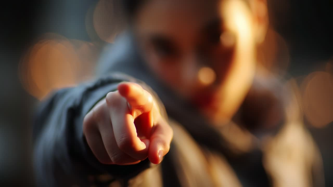 An Intense Moment Captured: A Focal Point of a Young Individual Pointing Directly at the Viewer, Evoking Contemplation and Emotion in an Out-of-Focus Background